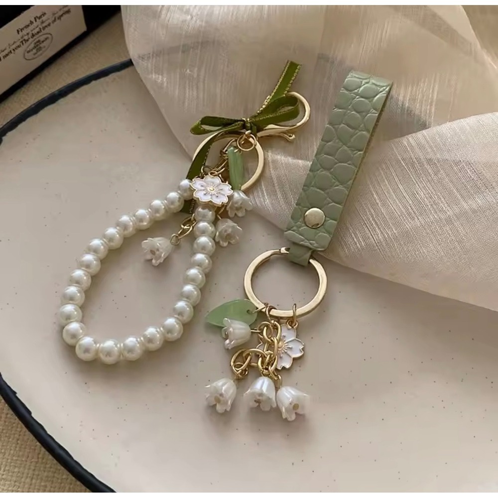 Floral Pearl Lily of the Valley Keychain Set Sage Green Croc Embossed 2pc